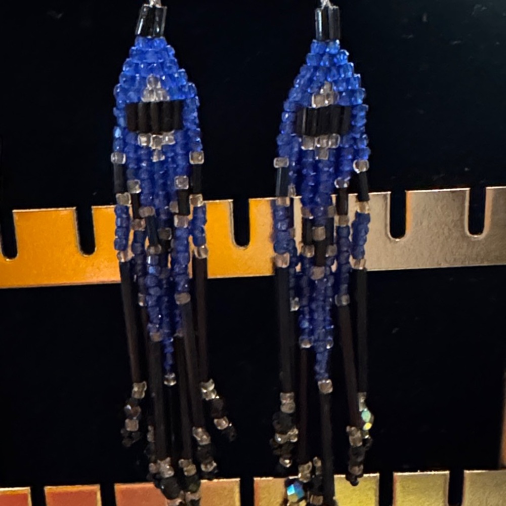 Boho Vintage Blue and Black Beaded Earrings